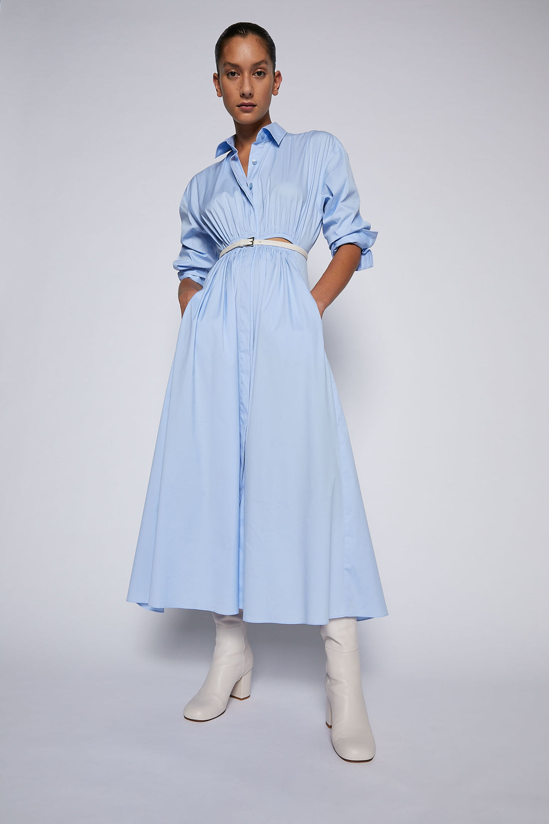 Cotton Gathered Dress Pale Blue ...